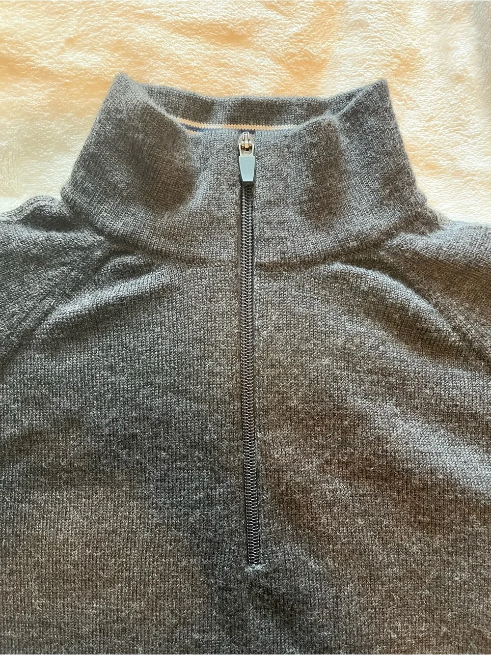 100% Merino Skyr Charcoal Quarter-Zip Sweater with Blue Stripe